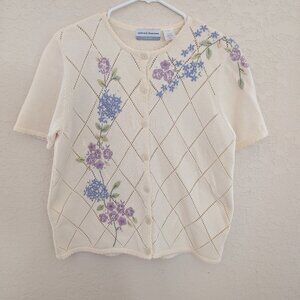 Vintage Alfred Dunner Short Sleeved Cardigan Sweater Embroidered Beaded Size PL:
